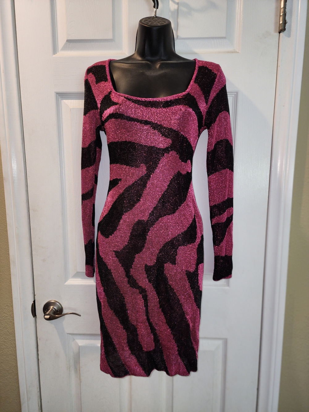 Fashion Nova Pink & Black Sparkle Zebra Long Sleeve Bodycon Dress
